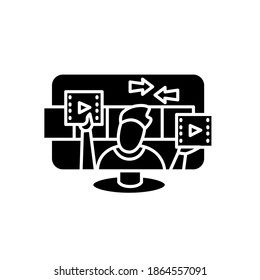 Video editing glyph icon. Filled flat sign for edit studio website design. Post Production and video content customize concept. Vlog and vlogging process. Isolated silhouette vector illustration 