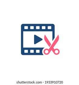 Video Editing glyph style icon. Film roll with scissors cut on it. Premium vector icon