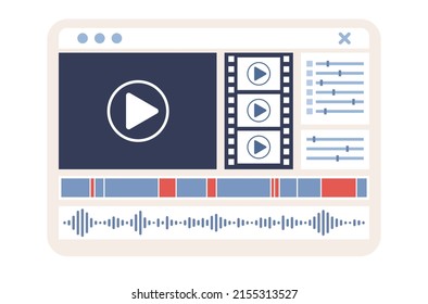 Video editing icon. Edit media content, video production concept. Timeline window in program. Vector flat illustration 