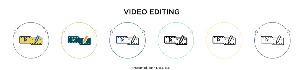 Video editing icon in filled, thin line, outline and stroke style. Vector illustration of two colored and black video editing vector icons designs can be used for mobile, ui, web