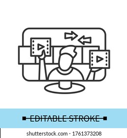 Video editing icon. Linear isolated sign for edit studio website design. Post Production and video content customize concept. Vlog and vlogging process. Vector editable illustration