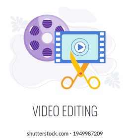 Video editing icon. Scissors cut film, montage. Video content, digital marketing. Flat vector illustration.