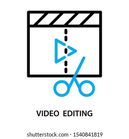 Video editing icon. Scissors cutting Video slate. Simple design. Line vector. Isolate on white background.