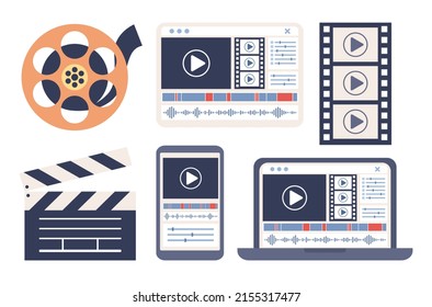 Juego de iconos de edición de vídeo. Editar contenido de medios, concepto de producción de vídeo. Diseñador de movimiento, realizador de videos. Ventana de línea de tiempo en programa, tablero de cuadros, tira de película, carrete de película. Ilustración plana del vector 