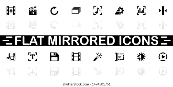 Video Editing icons - Black symbol on white background. Simple illustration. Flat Vector Icon. Mirror Reflection Shadow. Can be used in logo, web, mobile and UI UX project.