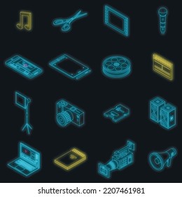 Video editing icons set. Isometric set of video editing vector icons neon color on black