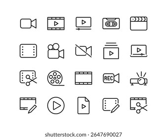 Video Editing Icons Set | Movie, Film, Play, Record, Cut, and Media Symbols - Minimal Line Style