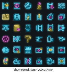 Video editing icons set. Outline set of video editing vector icons neon color on black