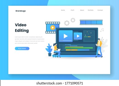 Video editing illustration landing page with laptop. Illustration for websites, landing pages, mobile applications, posters and banners.