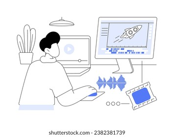 Video editing isolated cartoon vector illustrations. Young boy has filmmaking studying classes, using video editing software and watching online tutorial, creative hobby vector cartoon.