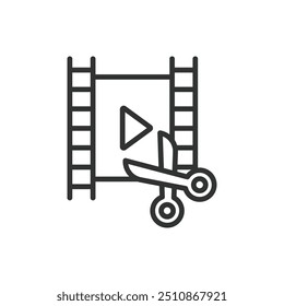 Edição de vídeo, em design de linha. Produção, software de edição, clipe de vídeo, linha do tempo, ferramenta de edição, efeitos de vídeo no vetor de fundo branco. Ícone de traçado editável de edição de vídeo.