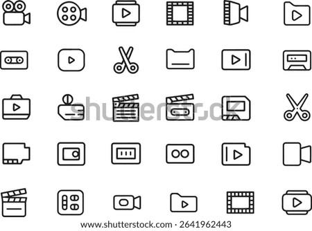 Video Editing Line Icons Set. Cutting, Effects, Timeline, Post-Production. Vector Illustration. Editable Stroke	