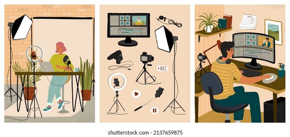 Video editing and live streaming concept vector posters set. Girl is recording video for her blog in home studio. Man working in video editor. Vlog production equipment, live online broadcast