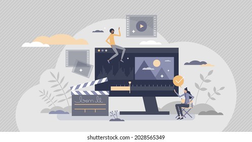 Video editing and movie digital production and adjusting tiny person concept. Cut frames and add soundtrack as professional director or production work vector illustration. Modern digital film making