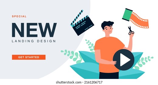 Video editing and movie digital production by people. Man holding scissors, creating digital content flat vector illustration. Software editor concept for banner, website design or landing web page