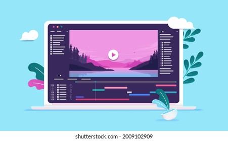 Video editing on computer - Laptop screen with movie editor software and user interface. Creative application for film maker concept. Vector illustration.