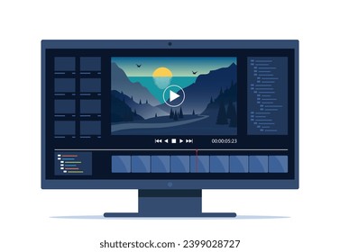 Edición de video en computadora de escritorio. Software para editar videos en pantalla con escenas de paisajes naturales, cronología e interfaz de usuario. Concepto de producción multimedia y cinematográfica. Ilustración del vector