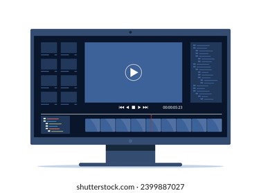 Video editing on desktop computer. Software to edit videos on screen with timeline and user interface. Multimedia and film production concept. Vector illustration