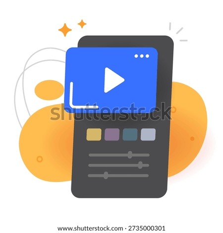 Video editing on mobile phone icon vector, vlog reel content create smartphone app modern design illustration, medica player digital production, movie film cellphone software image
