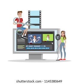 Video editing. People create video using digital editor and record voice. Isolated vector flat illustration