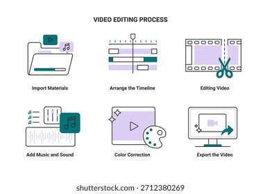 Video Edición de iconos de proceso. Producción de medios y concepto cinematográfico. Vector de ilustraciones lineales con edición, línea de tiempo y equipo aislado sobre un fondo blanco.
