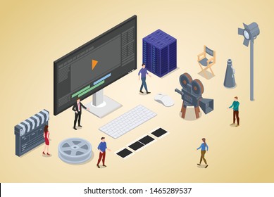 Video Editing Production Concept With Team People And Editor With Modern Isometric Flat Style - Vector