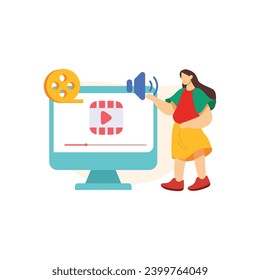 Ilustración vectorial de producción de edición de vídeo. Monitor de edición de películas, tablero de clics, tira de película, cámara, interfaz de reproductor de vídeo