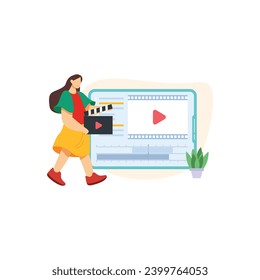 Video Editing Produktion Vektorgrafik. Filmbearbeitungs-Monitor, Klappbrett, Filmstreifen, Kamera, Videospielerschnittstelle