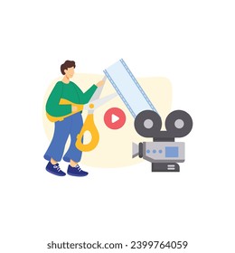 Video Editing  production vector illustration. Film editing monitor, clap board, film strip, camera, video player interface