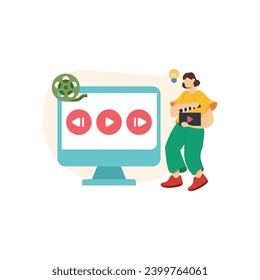 Video Editing  production vector illustration. Film editing monitor, clap board, film strip, camera, video player interface