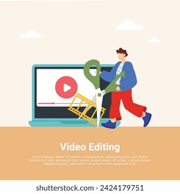 Video Editing  production vector illustration. Film editing monitor, clap board, film strip, camera, video player interface