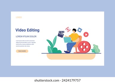 Ilustración vectorial de producción de edición de vídeo. Monitor de edición de películas, tablero de clics, tira de película, cámara, interfaz de reproductor de vídeo