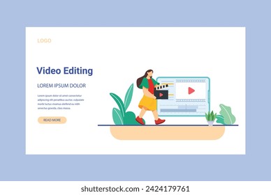 Video Editing  production vector illustration. Film editing monitor, clap board, film strip, camera, video player interface