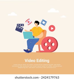 Ilustración vectorial de producción de edición de vídeo. Monitor de edición de películas, tablero de clics, tira de película, cámara, interfaz de reproductor de vídeo