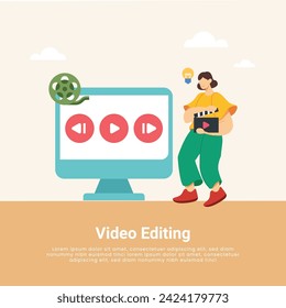 Video Editing  production vector illustration. Film editing monitor, clap board, film strip, camera, video player interface