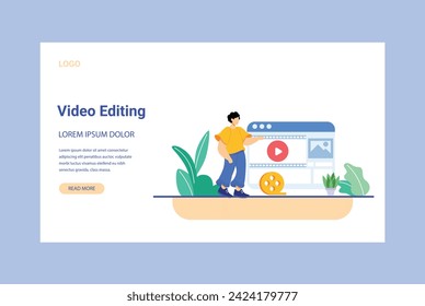 Video Editing  production vector illustration. Film editing monitor, clap board, film strip, camera, video player interface