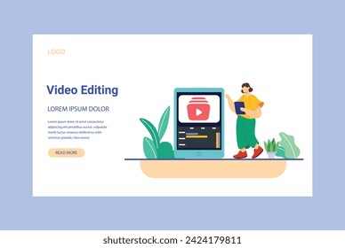 Video Editing  production vector illustration. Film editing monitor, clap board, film strip, camera, video player interface