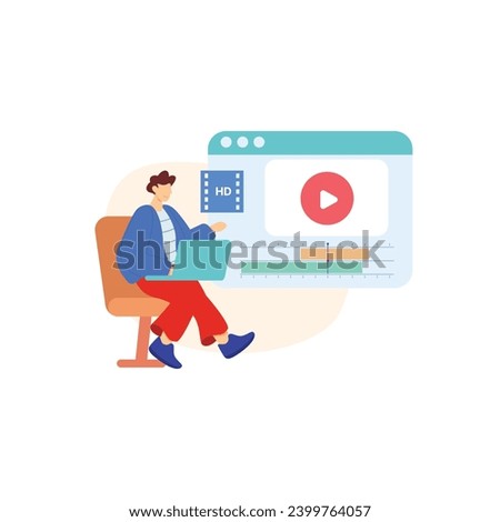 Video Editing  production vector illustration. Film editing monitor, clap board, film strip, camera, video player interface