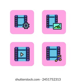 Video editing program line icon set. Clip settings, inserting pictures, film strip, video player, inserting music, audio track. Film editing, video concept. Vector illustration for web design and app