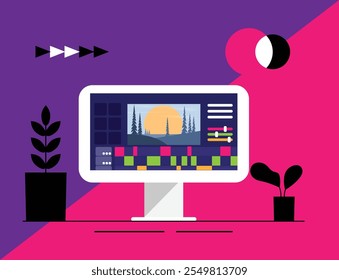 Programa de edição de vídeo em cores de estilo plano de computador. Artesanato de arte e conceito de produção cinematográfica arte vetorial