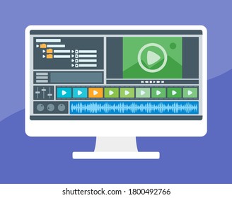 Video Editing Screen Display User Interface in Desktop PC or Computer. Creative Multimedia Production Concept & Element Illustration Vector. Can be Used for Digital and Print Infographic. 