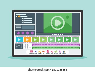 Video Editing Screen Display User Interface UI Set in Tablet or Mobile Portable Device. Creative Multimedia Production Concept & Element Illustration. Can be Used for Digital & Print Infographic