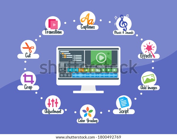 Video Editing Screen Display User Interface\
with Feature Icon in Desktop PC Computer. Creative Multimedia\
Production Concept & Element Illustration Vector. Can be Used\
for Digital & Print\
Infographic