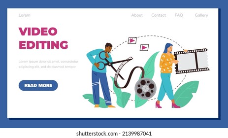 Video editing service or professional courses website banner layout, flat vector illustration. Motion design studio or online editor software advertising webpage.