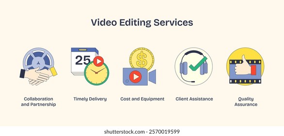 Video editing services visualized with icons of collaboration, timely delivery, and quality assurance. Neubrutalism style