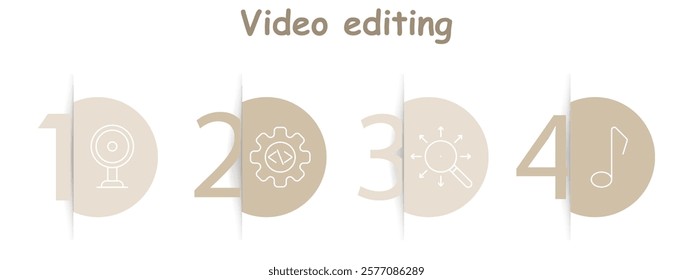 Video editing set icon. Camera, gear, magnifier with arrows, music note, media tools, content creation, effects, customization.