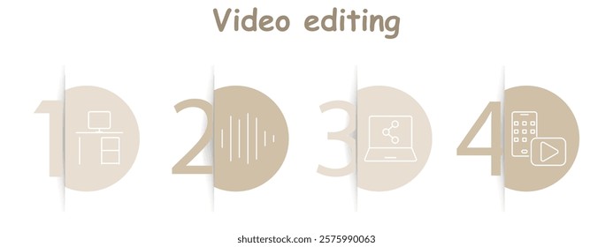 Video editing set icon. Desk with computer, audio wave, laptop with connections, smartphone with play icon, editing, tools, multimedia, communication