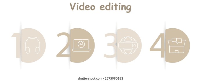 Video editing set icon. Headphones, laptop with user, globe with search bar, message box, sound editing, tools, online collaboration, project management.