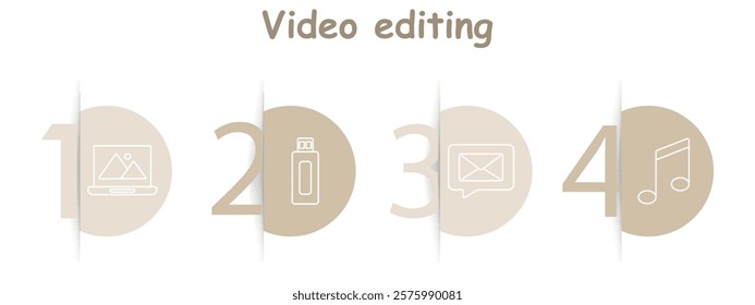 Video editing set icon. Laptop with image, USB drive, speech bubble with envelope, music note, multimedia, creativity, communication, tools