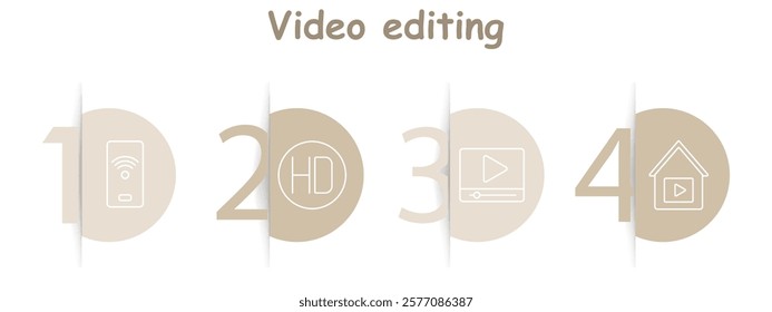 Video editing set icon. Remote, HD, video player, home, video, playback, device, multimedia, tools, screen, control.